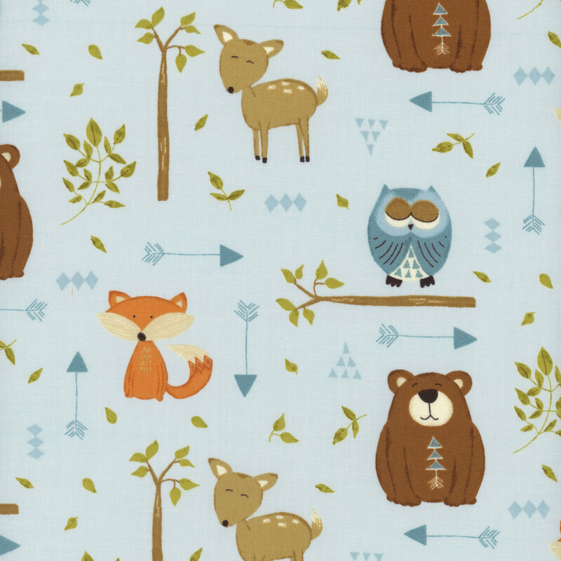 This fabric features bears, deer, owls and foxes with colorful arrows and leafy branches on a light blue background.