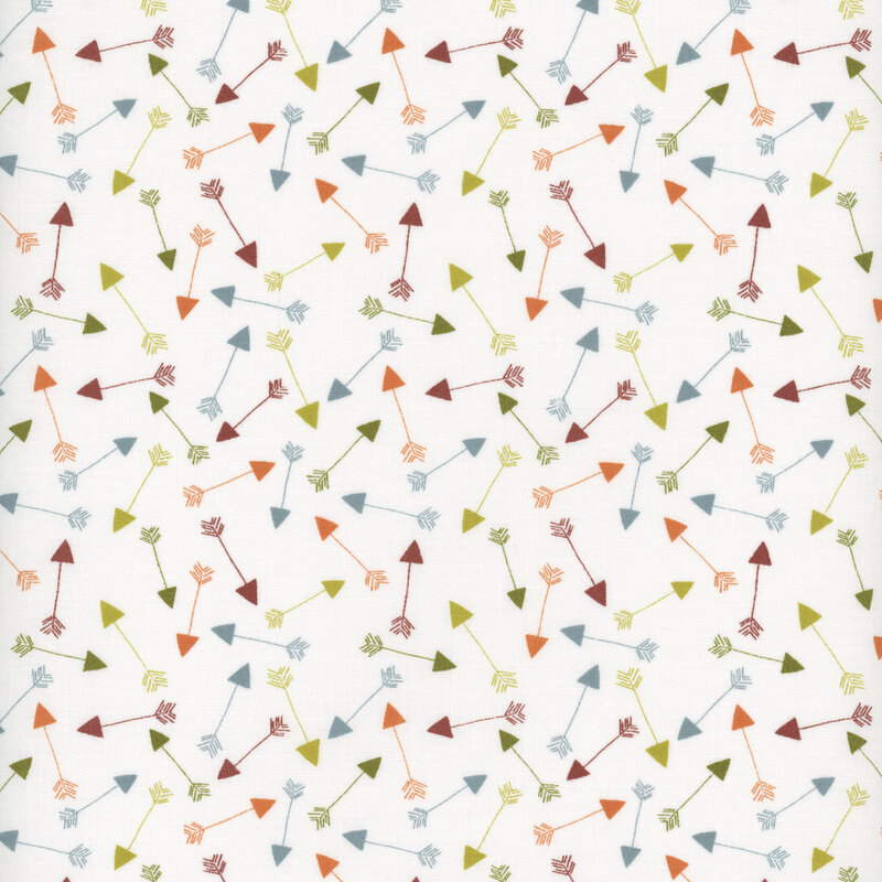 This fabric features tossed arrows in blue, brown, orange and green on a solid white background.