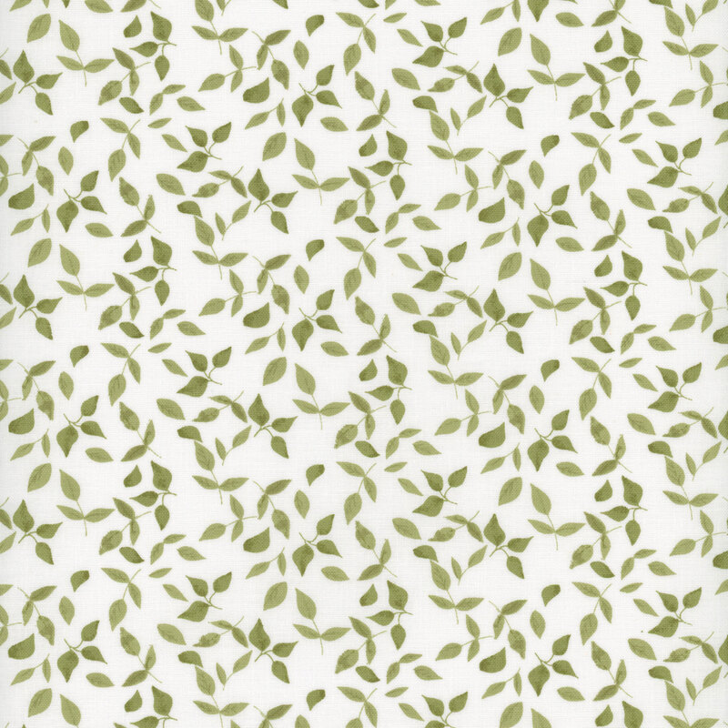This fabric features tossed bright green leaves on a solid white background.