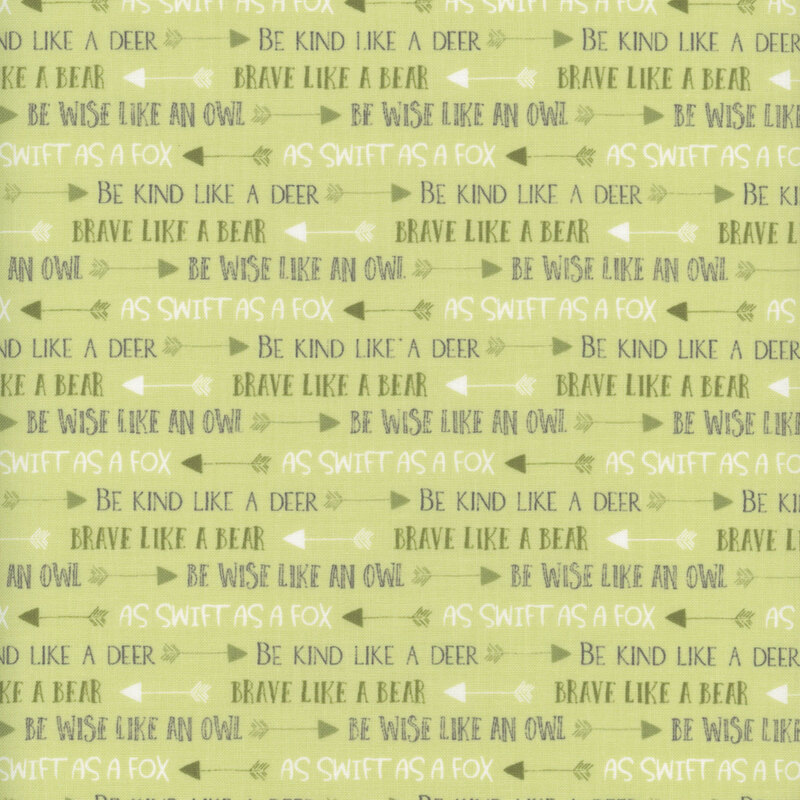 This fabric features cute phrases in tonal green on a light green background with dark green and white arrows.
