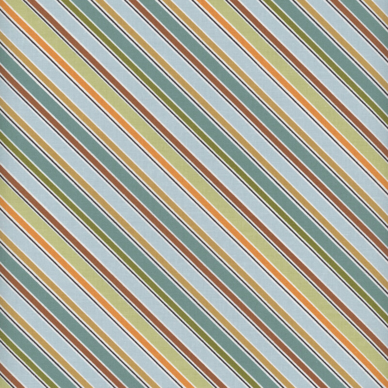 This fabric features multicolored diagonal stripes in green, blue, brown, and orange.