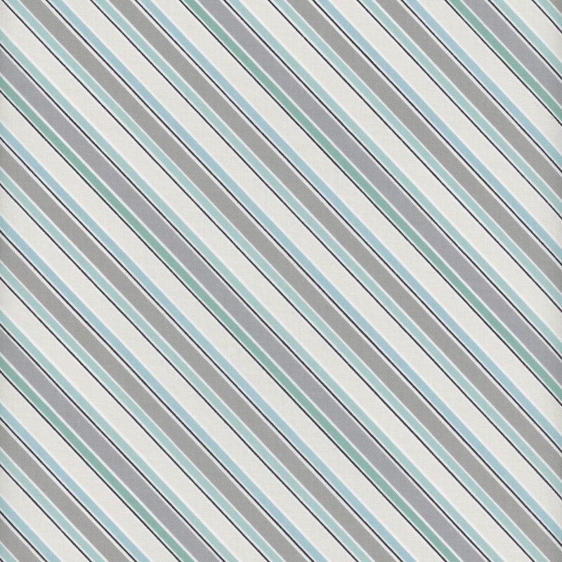 This fabric features multicolored diagonal stripes in blue and gray colors