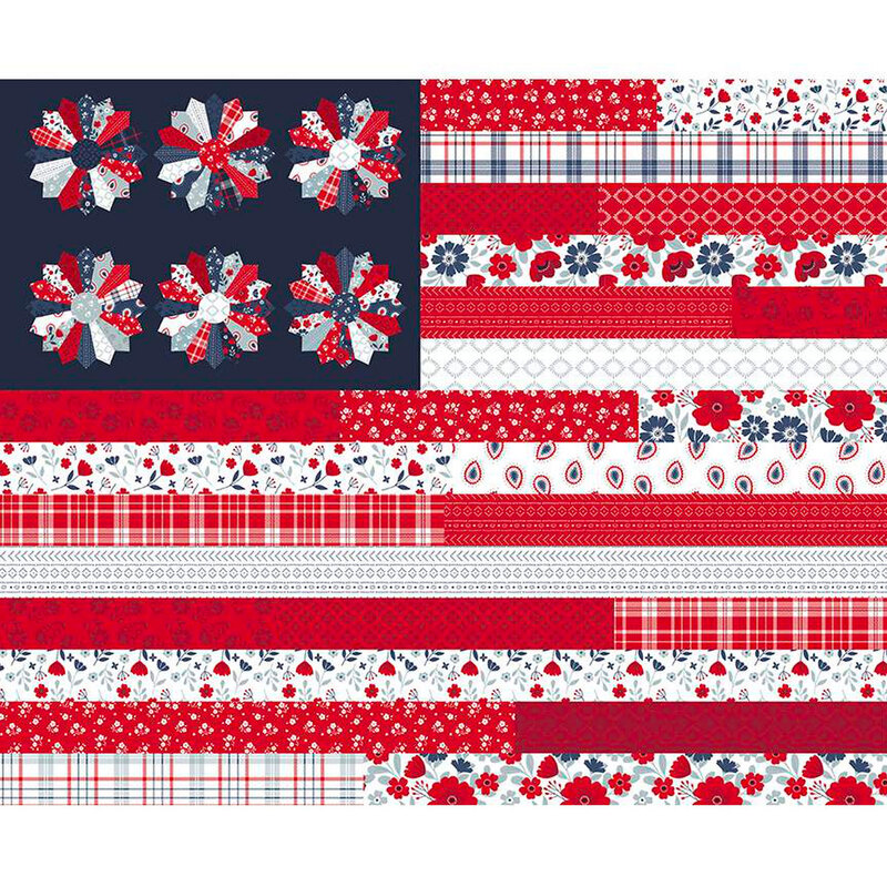 Digital image of panel resembling the American flag, consisting of fabrics from the American Beauty collection