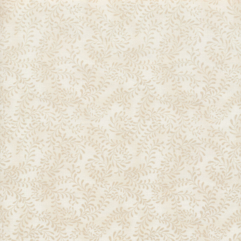 This fabric features a tonal cream pattern of swirling leafy vines on a mottled cream background.