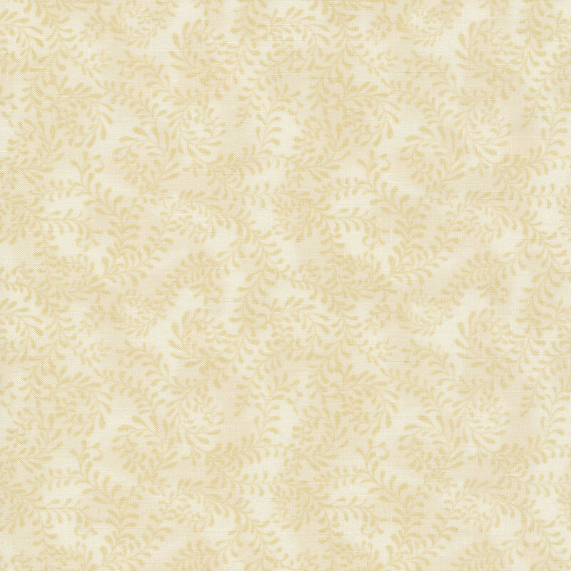 This fabric features a tonal dark cream pattern of swirling leafy vines on a mottled cream background.