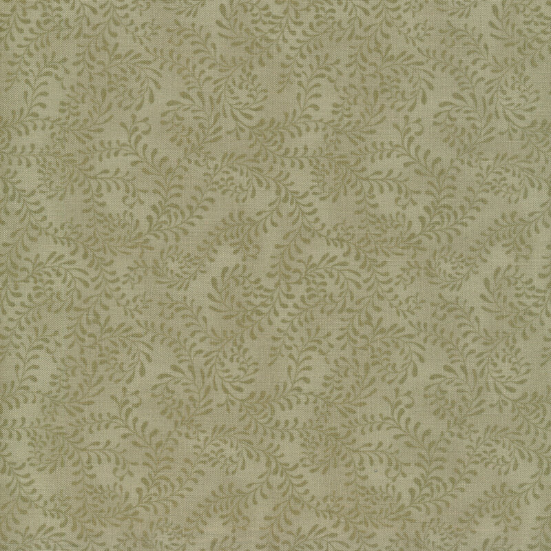 This fabric features a tonal warm gray pattern of swirling leafy vines on a mottled warm gray background.