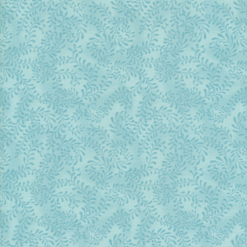 This fabric features an aqua blue pattern of swirling leafy vines on a mottled light aqua background.