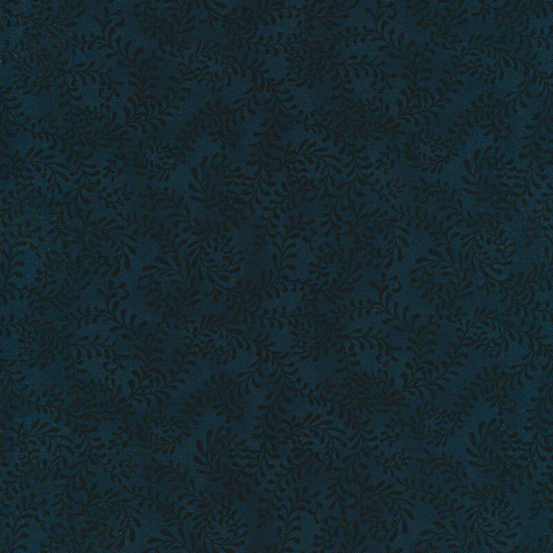 This fabric features a dark blue pattern of swirling leafy vines on a mottled navy blue background.
