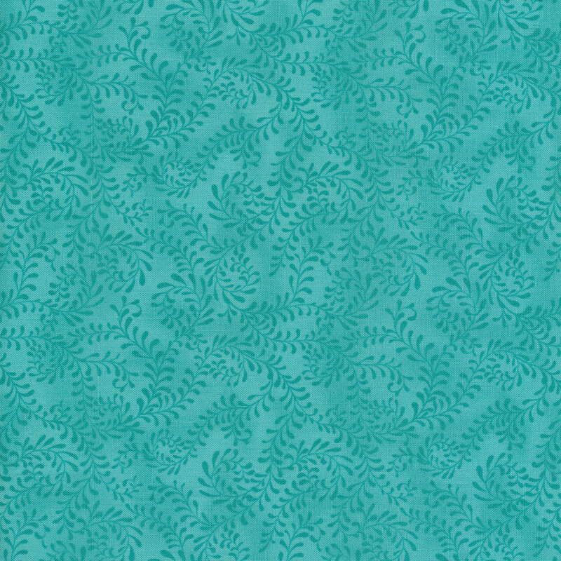 This fabric features a aqua blue pattern of swirling leafy vines on a mottled bright aqua background.