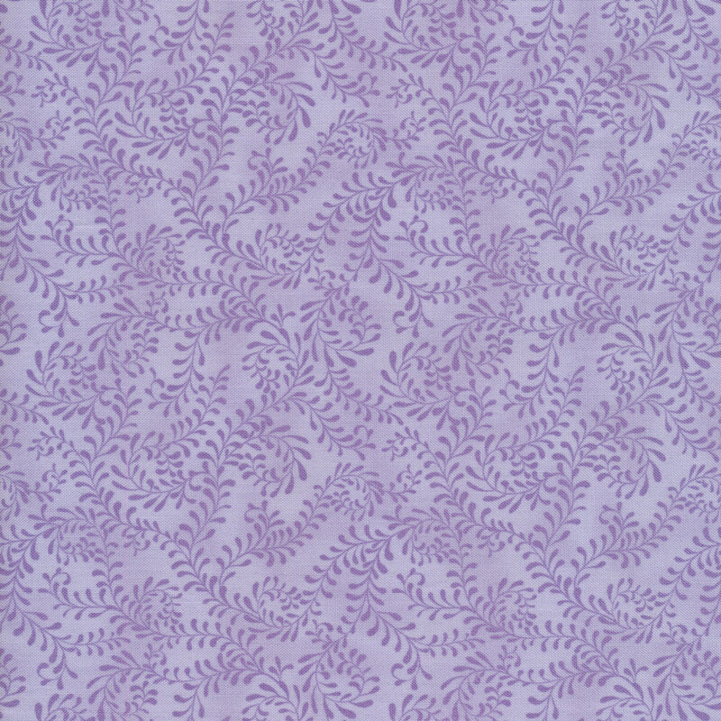 This fabric features a purple pattern of swirling leafy vines on a mottled light pastel purple background.