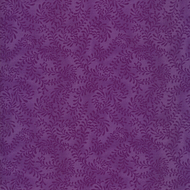 This fabric features a rich purple pattern of swirling leafy vines on a mottled purple background.