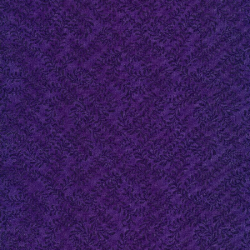 This fabric features a rich, indigo purple pattern of swirling leafy vines on a mottled royal purple background.