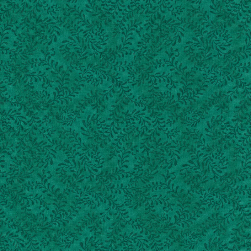 This fabric features a dark teal pattern of swirling leafy vines on a mottled teal background.