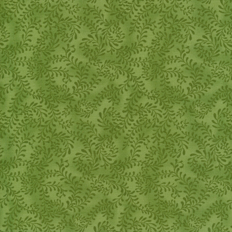 This fabric features a moss green pattern of swirling leafy vines on a mottled green background.