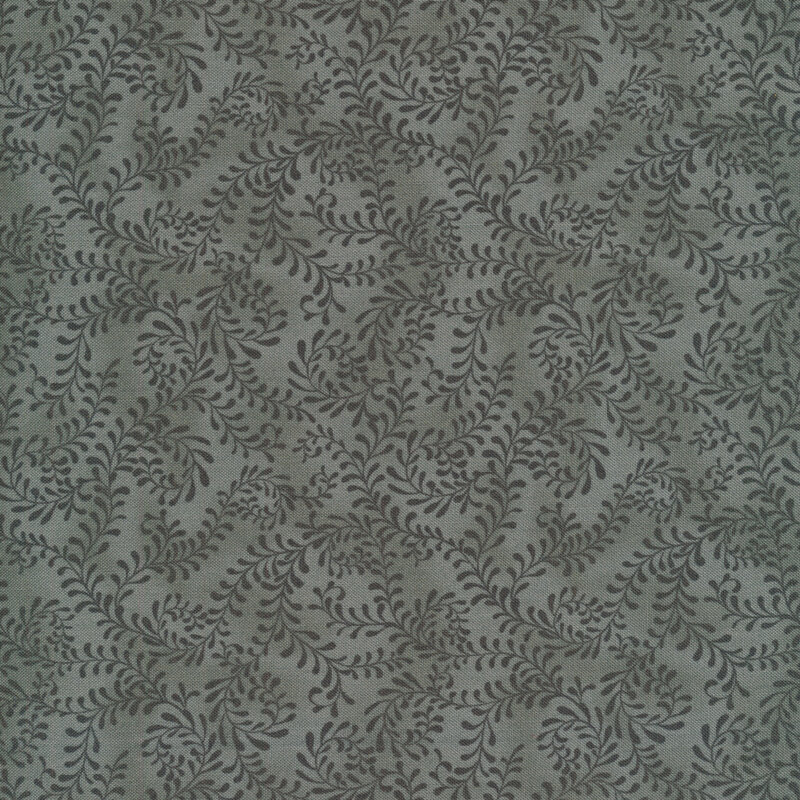 This fabric features a dark gray pattern of swirling leafy vines on a mottled gray background.
