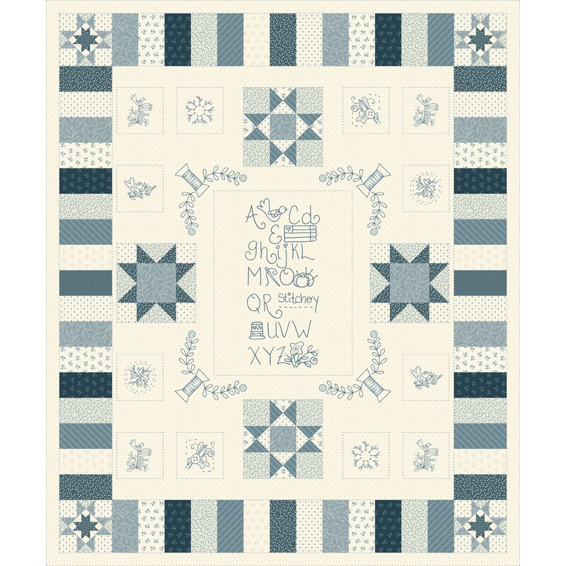 Digital image of cream panel featuring tonal X shapes in the background, and cursive doodles, sketches, and blocks of blue-toned fabric from the rest of the collection, all arranged in a quilt-like fashion