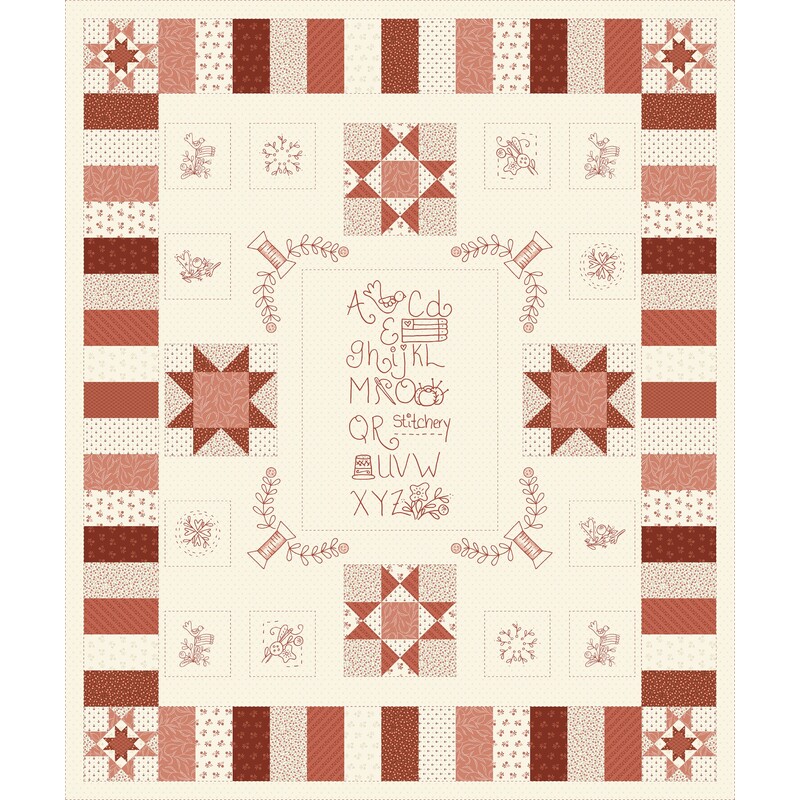 Digital image of cream panel featuring tonal X shapes in the background, and cursive doodles, sketches, and blocks of rust-toned fabric from the rest of the collection, all arranged in a quilt-like fashion