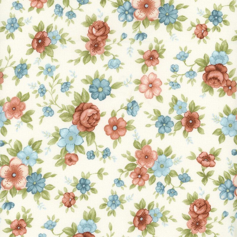 cream fabric featuring pink, red, and blue flowers and roses in various sizes, interspersed with green leaves