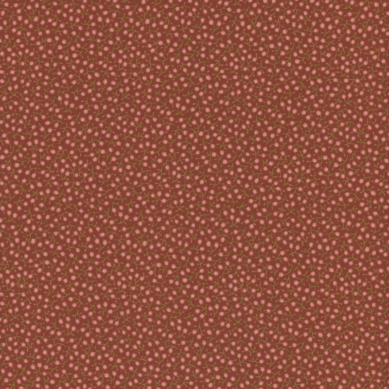 rust-tone fabric covered featuring tiny sprigs with light pink rosebuds