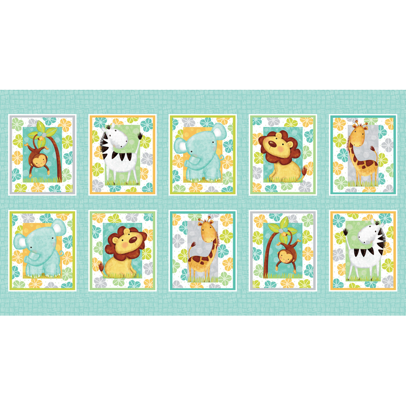 digital image of panel featuring giraffes, lions, elephants, zebras and monkeys in squares on a teal background