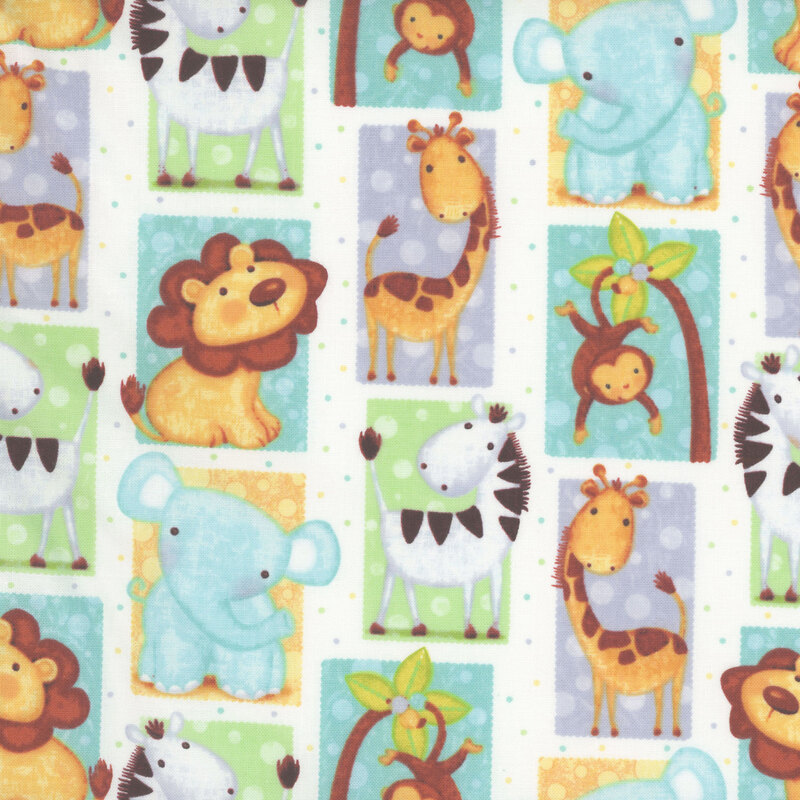fabric featuring giraffes, lions, elephants, zebras, and monkeys on colored squares on a white background