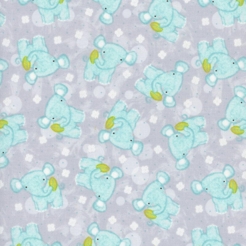fabric featuring tossed aqua elephants and white scalloped flower-like motifs on a tonal gray background