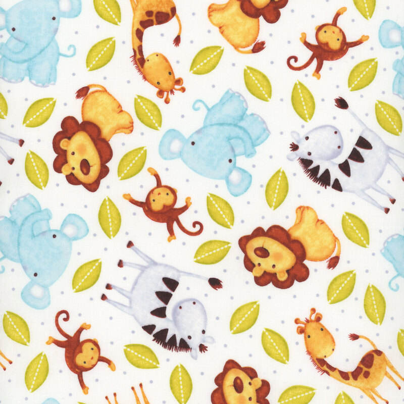 fabric featuring tossed lions, monkeys, elephants, and zebras on a white background with l