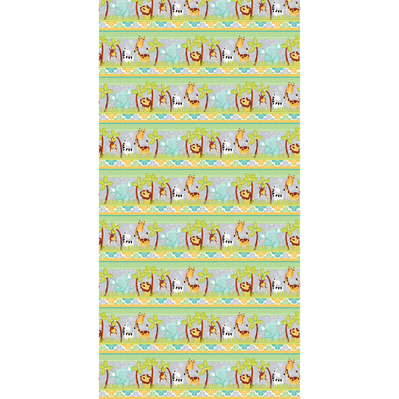 digital image of fabric featuring safari scenes and palm trees in a wide border stripe pattern