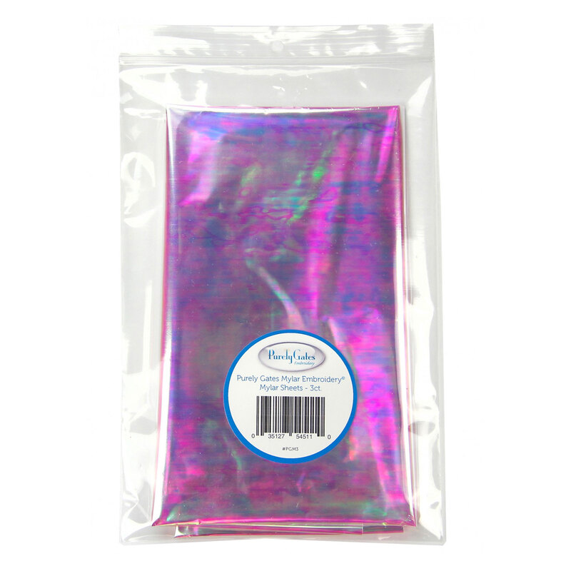 Image of a packet of opalescent mylar sheets in a plastic bag with a label on it