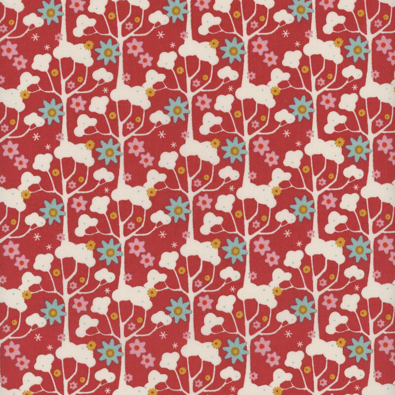 This fabric features cream tree branches with ditsy light blue, golden yellow and light pink flowers on a bold red background.