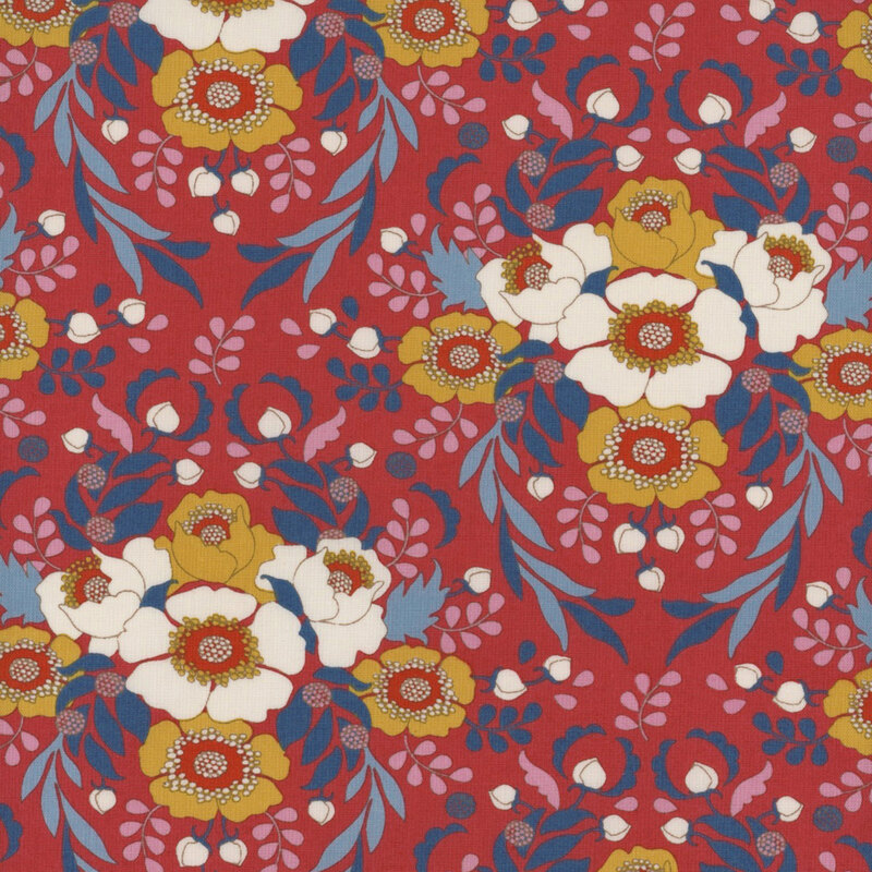This fabric features cream and golden yellow flower with blue and light purple vines on a bold red background.