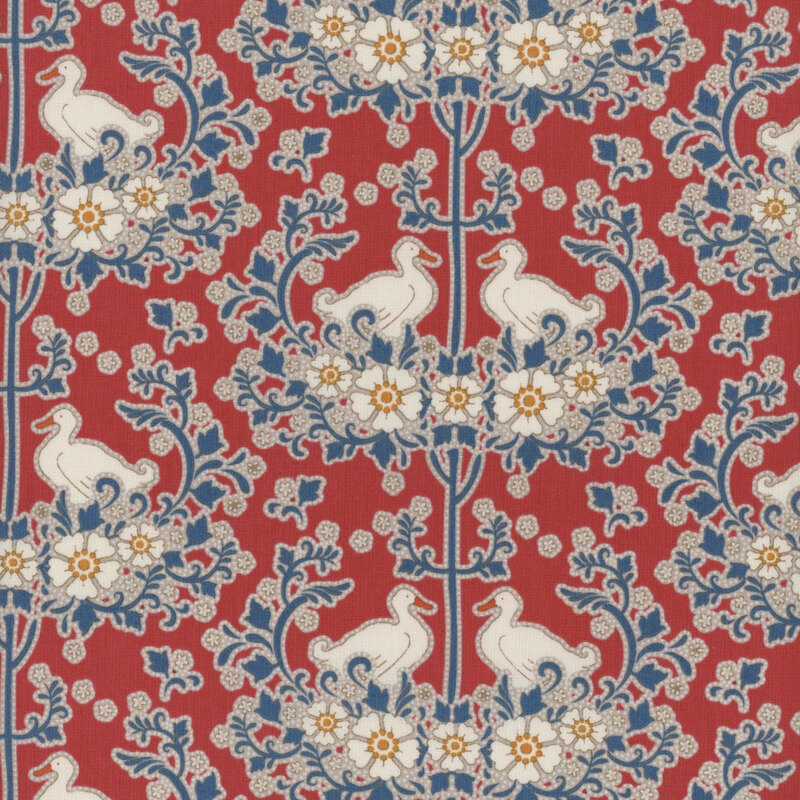 This fabric features a repeating pattern of white flowers, dark blue vines with ducks on a solid bright red background.