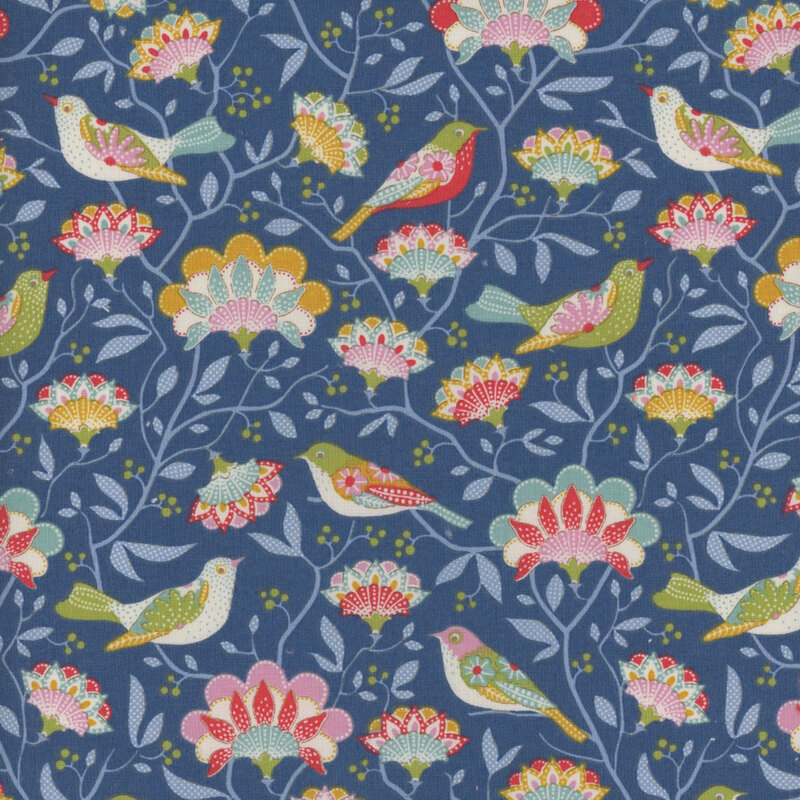 This fabric features light blue branches with colorful mutlicolored flowers and intricate multicolored birds on a bright blue background.