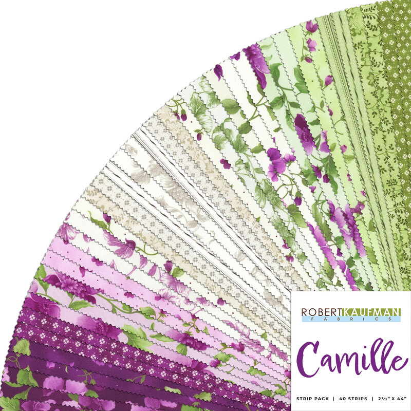 collage of all fabrics included in Camille jelly roll
