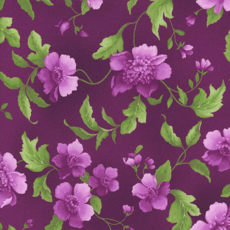 Fabric with purple flowers that have bright green vines on a deep plum background.