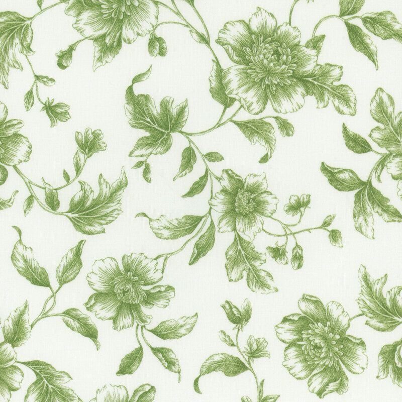 Fabric with etched flowers in bold green on a solid cream background.