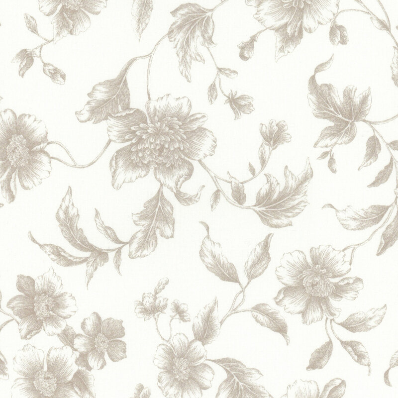 This fabric features drawn flowers in tonal beige on a solid cream background.