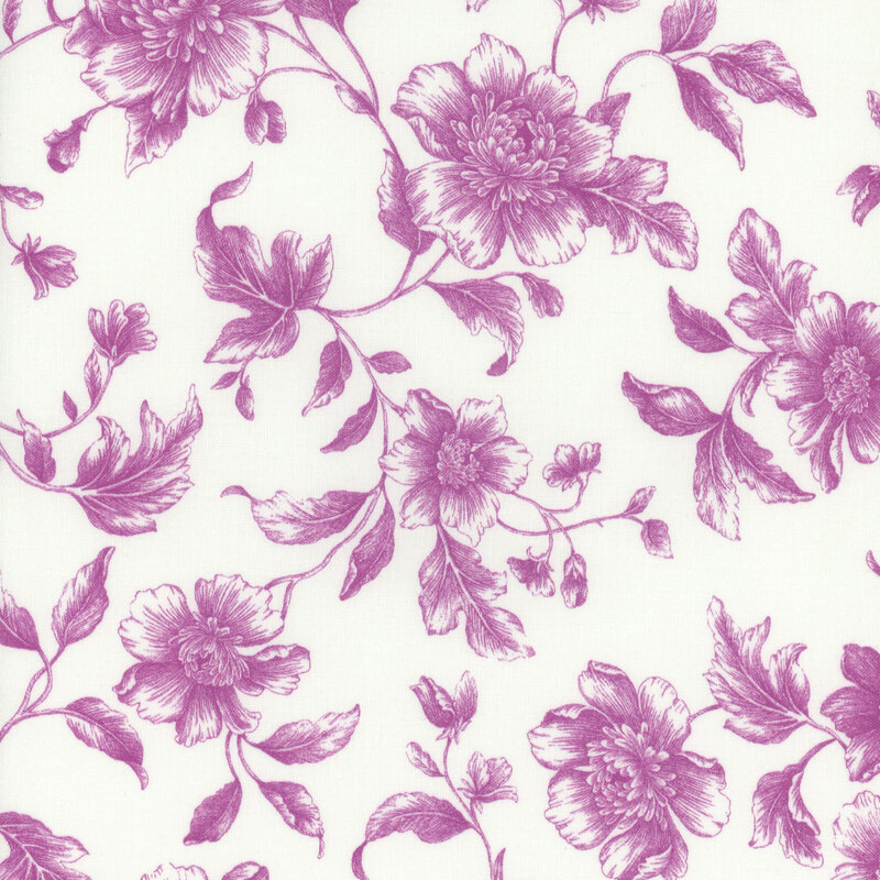 Fabric with etched flowers in a lovely purple on a solid cream background.