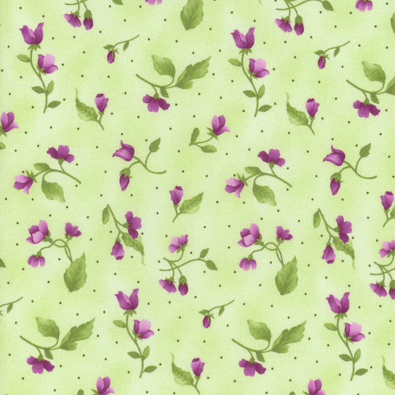 Fabric with tossed purple flower buds and pin dots on a mottled light green background.