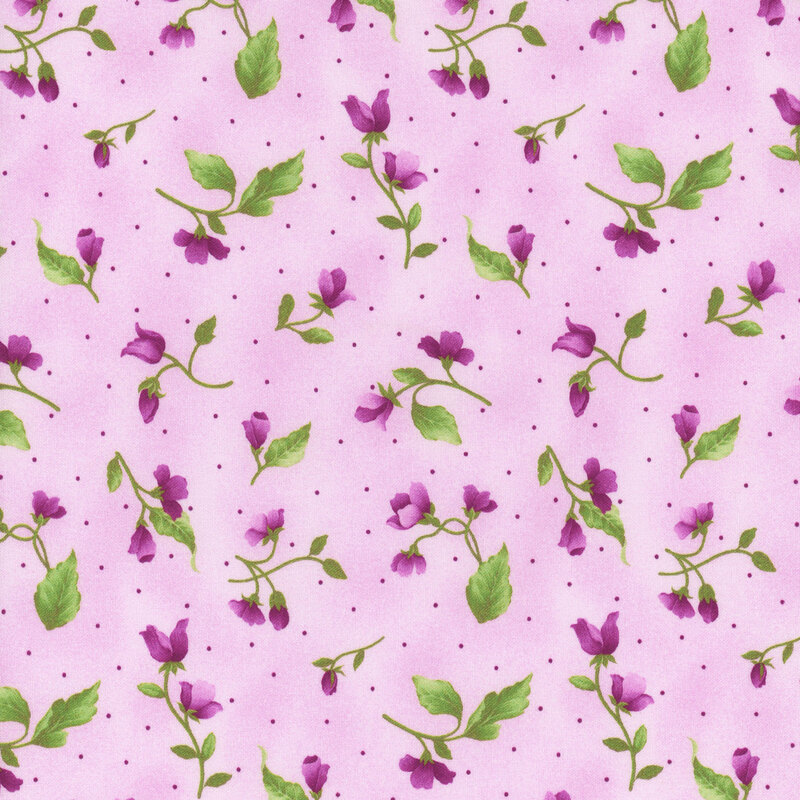 Fabric with tossed purple flower buds and pin dots on a light purple mottled background.