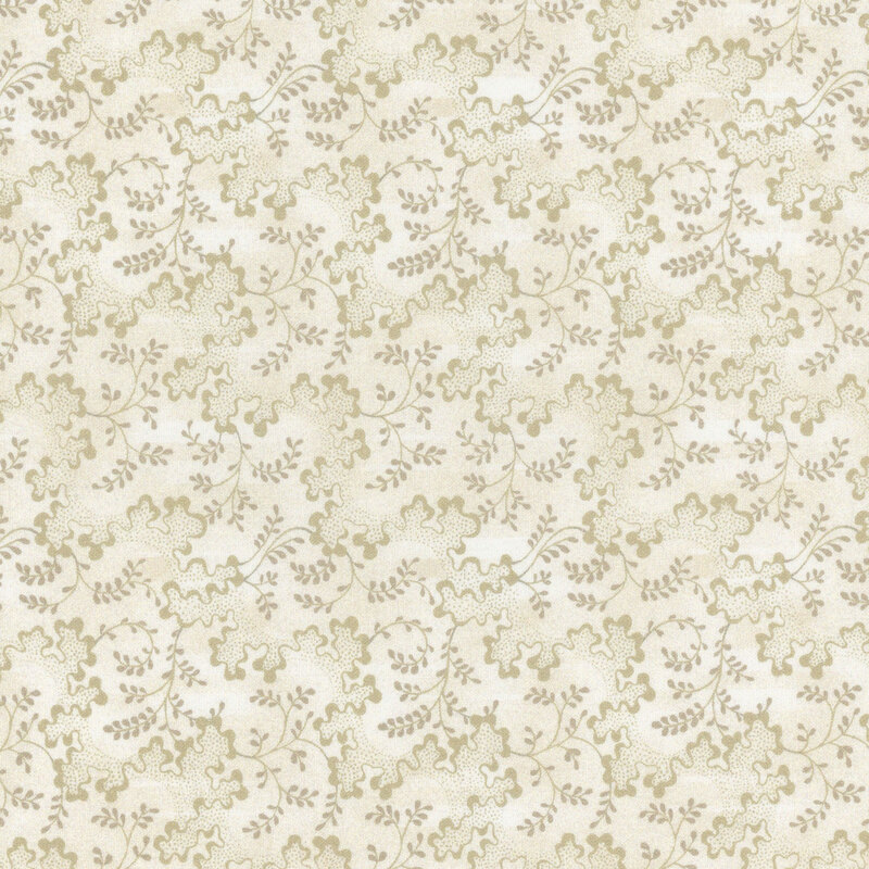 This fabric features tonal wavy lines with dots and scrolling beige vines on a cream background.