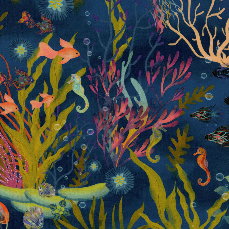 Navy fabric featuring kelp, seaweed, and various aquatic features such as fish and seahorses