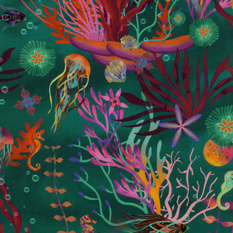 Teal fabric featuring seaweed, kelp, seahorses, fish, and jellyfish