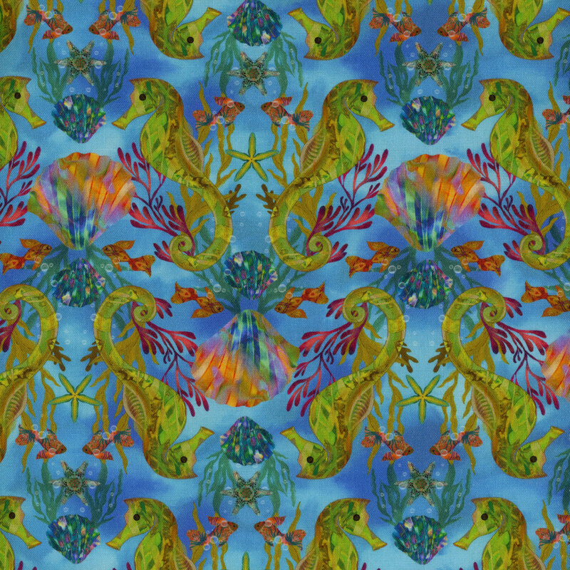 Light blue fabric featuring symmetrical seahorses, seaweed, iridescent seashells, kelp, fish, and starfish