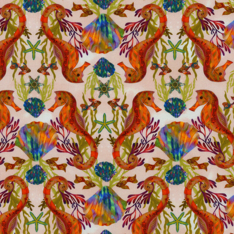 Multicolored fabric featuring symmetrical seahorses, seaweed, iridescent seashells, kelp, fish, and starfish