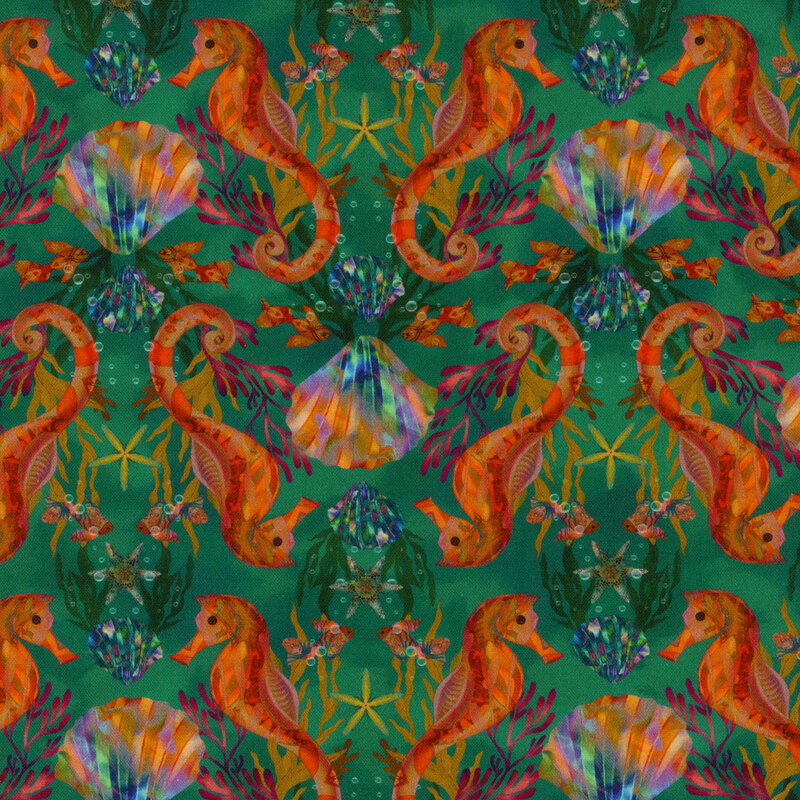 Teal fabric featuring symmetrical seahorses, seaweed, iridescent seashells, kelp, fish, and starfish