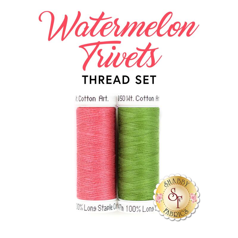 isolated image of pink and green thread spools on a white background with the words, 