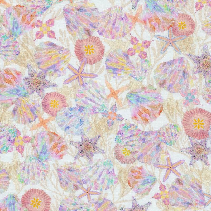 Cream fabric featuring tossed iridescent seashells, different kinds of starfish, and geometrical amoebas