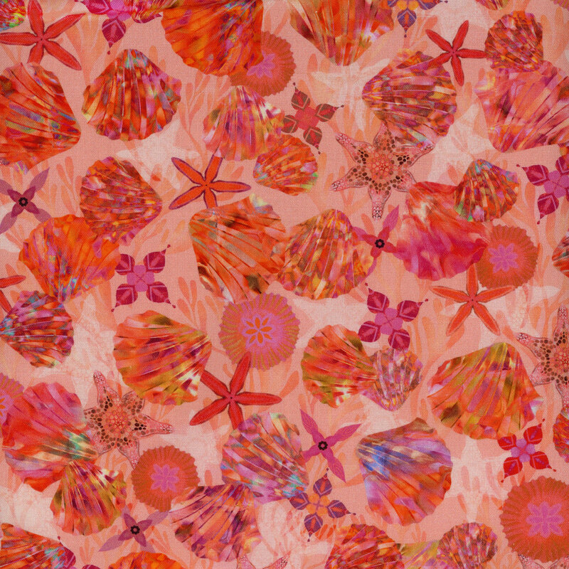 Light orange fabric featuring tossed iridescent seashells, different kinds of starfish, and geometrical amoebas