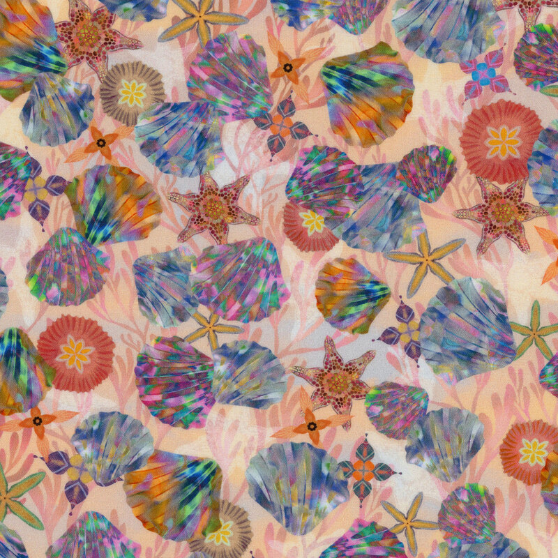 Multicolored fabric featuring tossed iridescent seashells, different kinds of starfish, and geometrical amoebas
